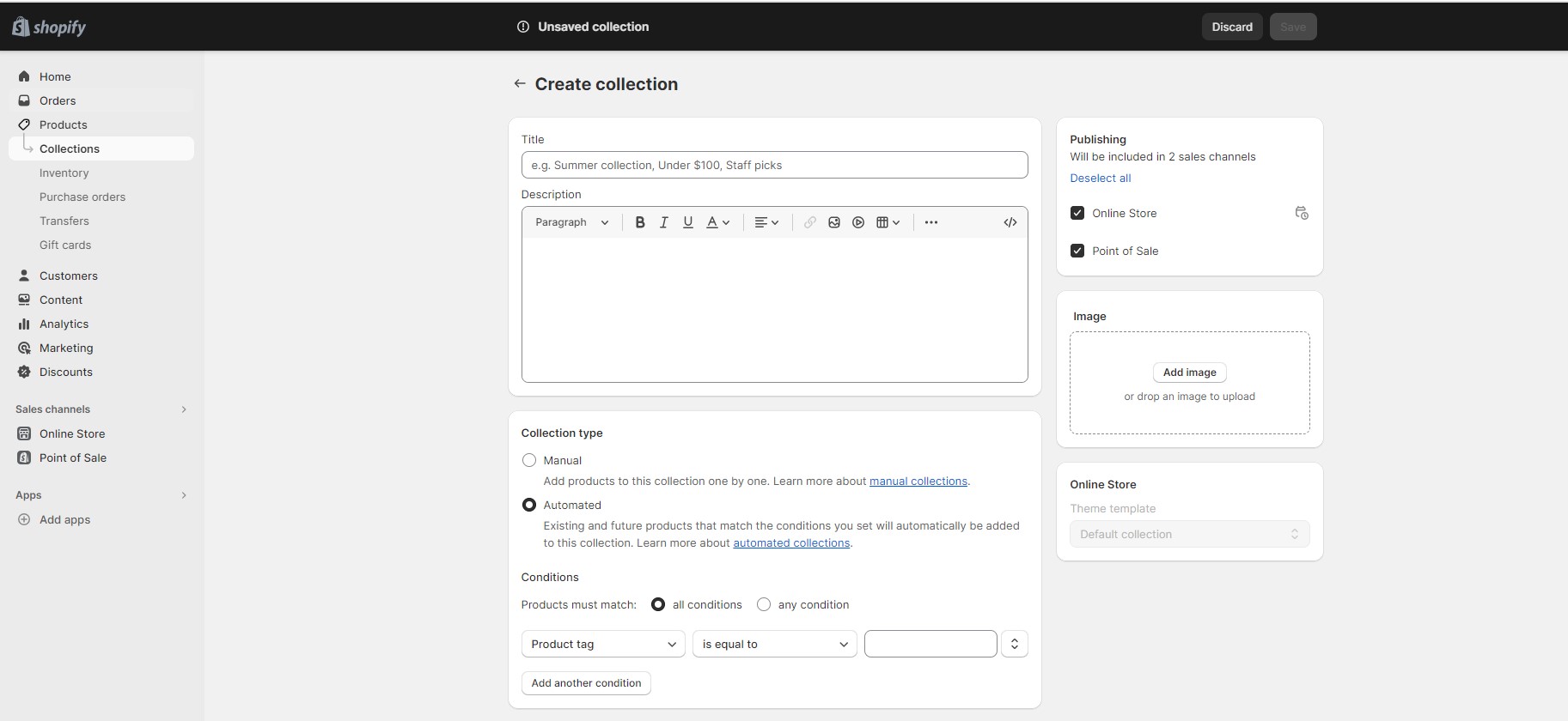 Start by accessing your Shopify admin panel and navigating to Products > Collections. Then, click on the “Create collection”  button